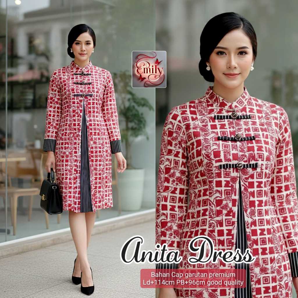 Anita Midi Dress Original Emily Batik Cap Garutan Premium Lengan Panjang Kerah Cheongsam Tunic Wanit