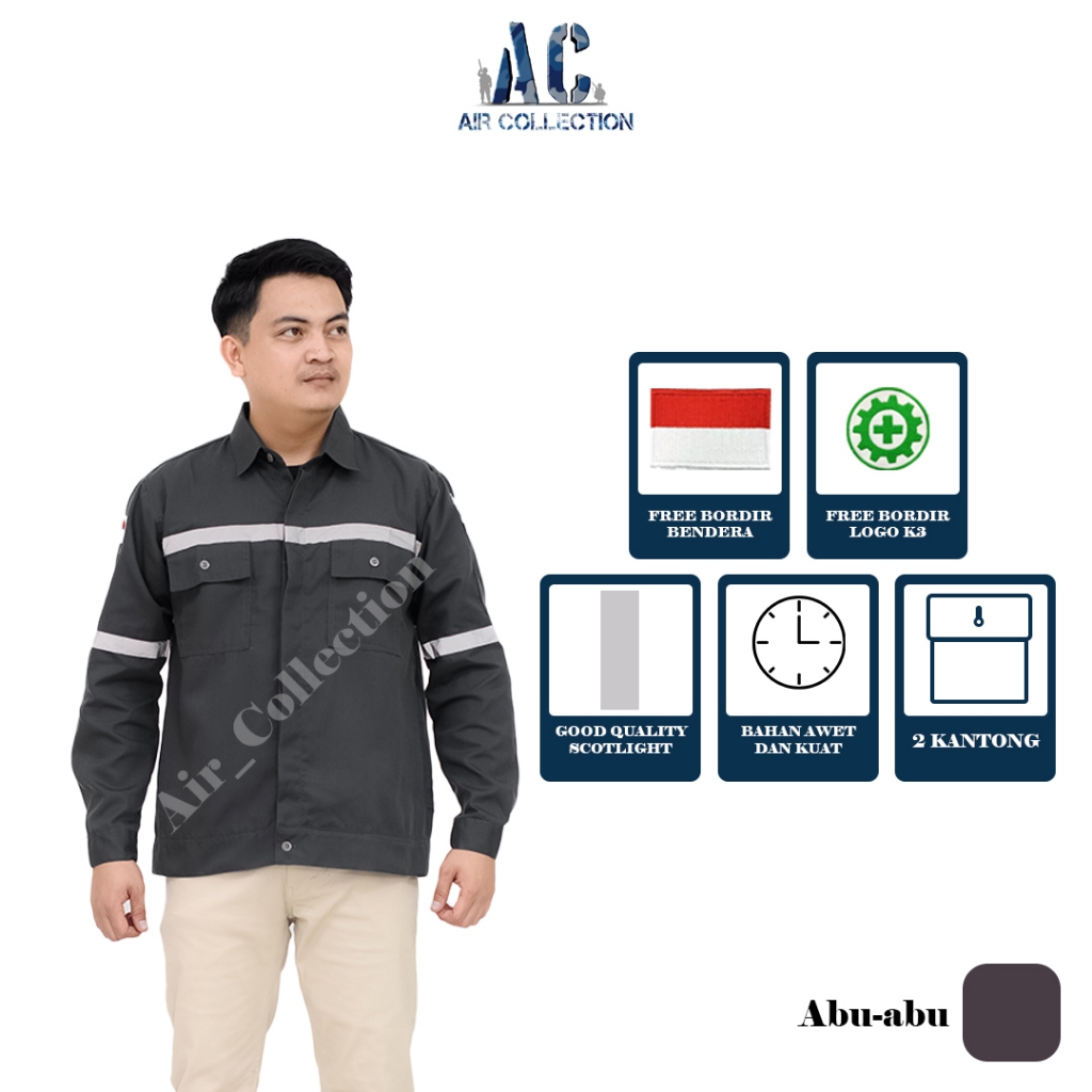 Baju safety lengan panjang seragam kerja proyek kemeja safety premium