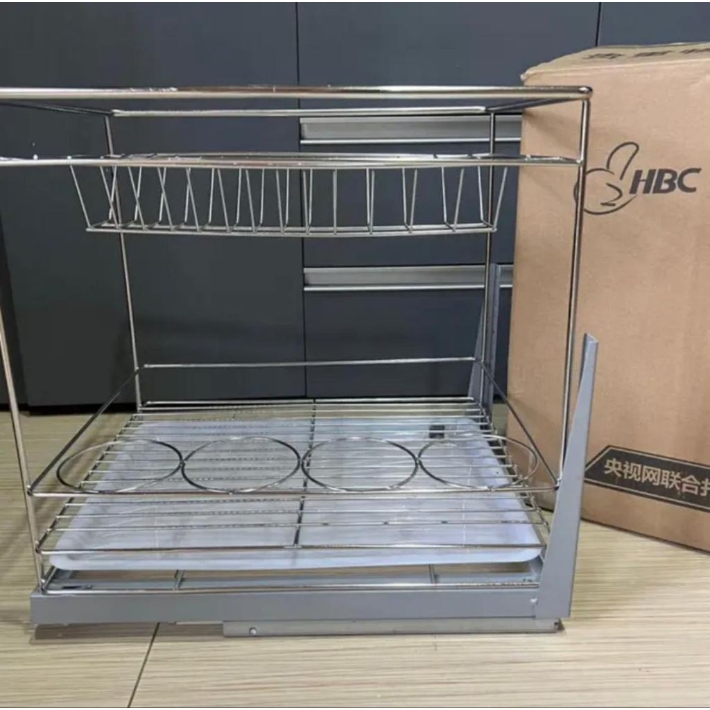 Rak sendok 2 susun stainless tarik slowmotion / rak piring lemari dapur tarik / rak piring piring / 