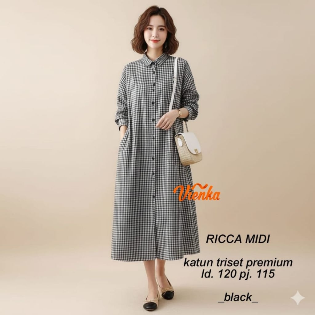 BAJU WANITA RICCA MIDI DRESS JUMBO KATUN KOTAK-KOTAK BY VIENKA