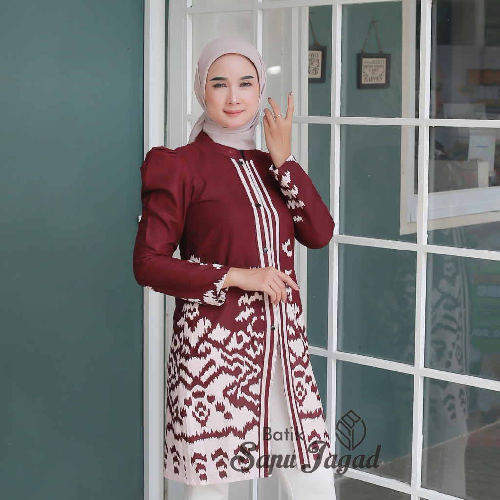 Tunik Batik Lengan Puffy Tunik Motif Songket Batik Wanita Kekinian Baju Batik Wanita Busui Modern Mo