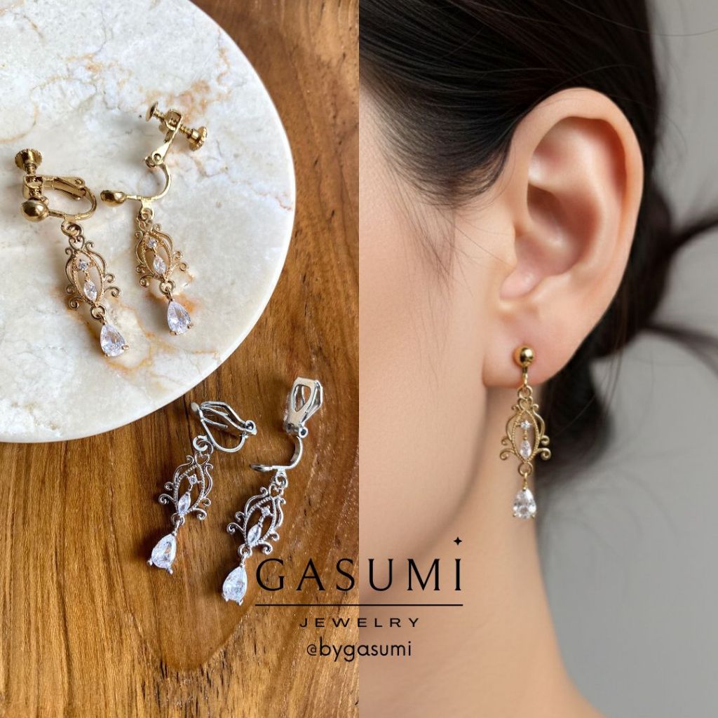 JOANA - Anting Giwang Jepit Silver Perak Gold Emas Tanpa Tindik Klip Kristal Pesta Cantik Murah Earc