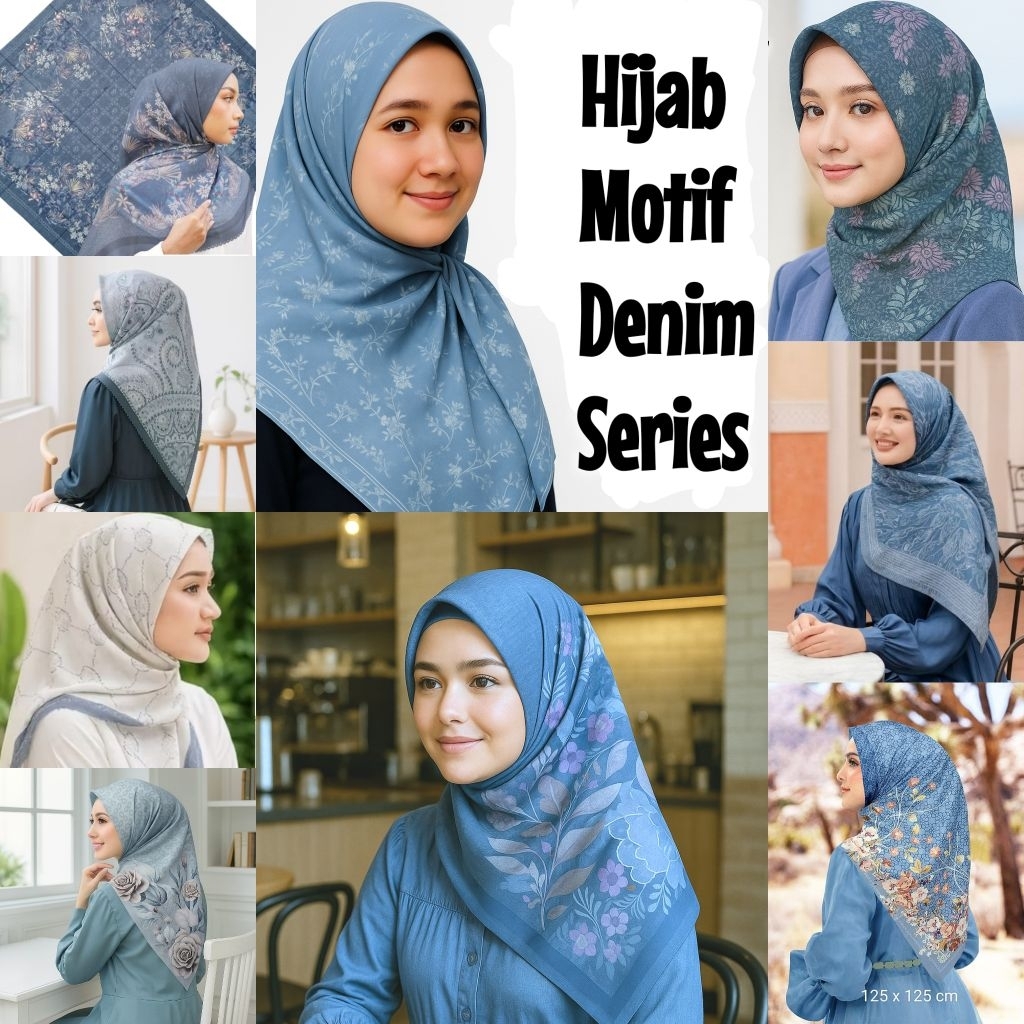 Mokapino Store Hijab Segiempat Motif Warna Blue Denim/Light Denim/Dark Denim/Grey Denim