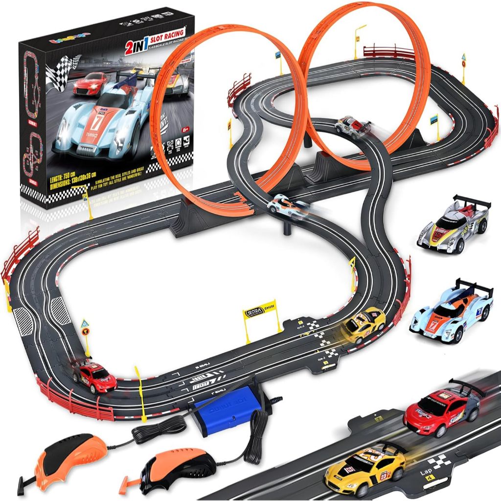 Slot Car Race Track Sets,2 in 1 Race Car Track with 4 High-Speed Slot Cars