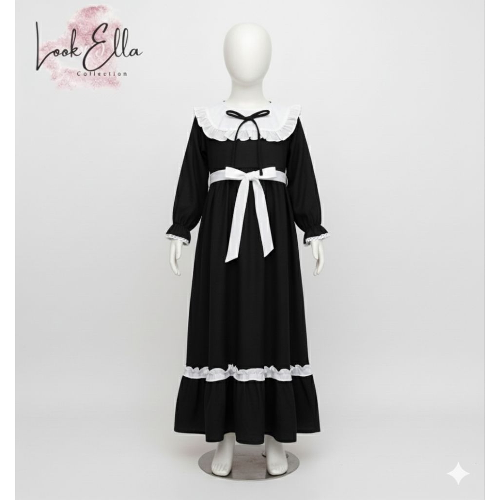 LILI- GAMIS HITAM ANAK USIA 1 - 12 TAHUN BAJU MUSLIM HITAM PUTIH ANAK OOTD ANAK PEREMPUAN
