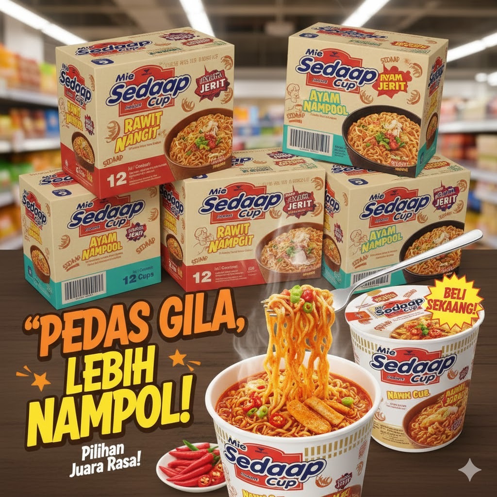 1 dus MIE SEDAP CUP all varian kuah dan goreng// bisa dimakan dimana aja dan nikmatnya nambol// peda