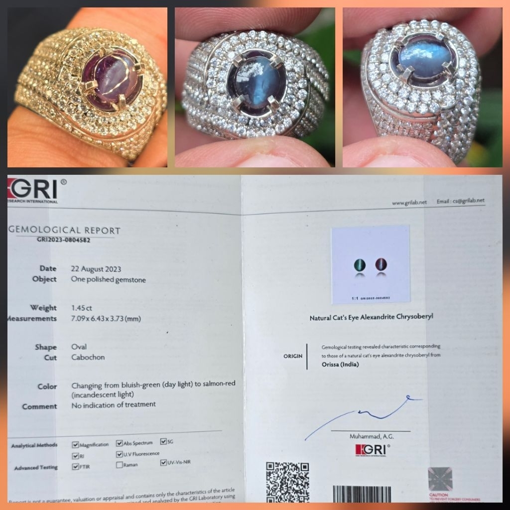 Batu Natural HQ Cat Eye Alexandrite Chrysoberyl Sertifikat GRI 1.45 crt