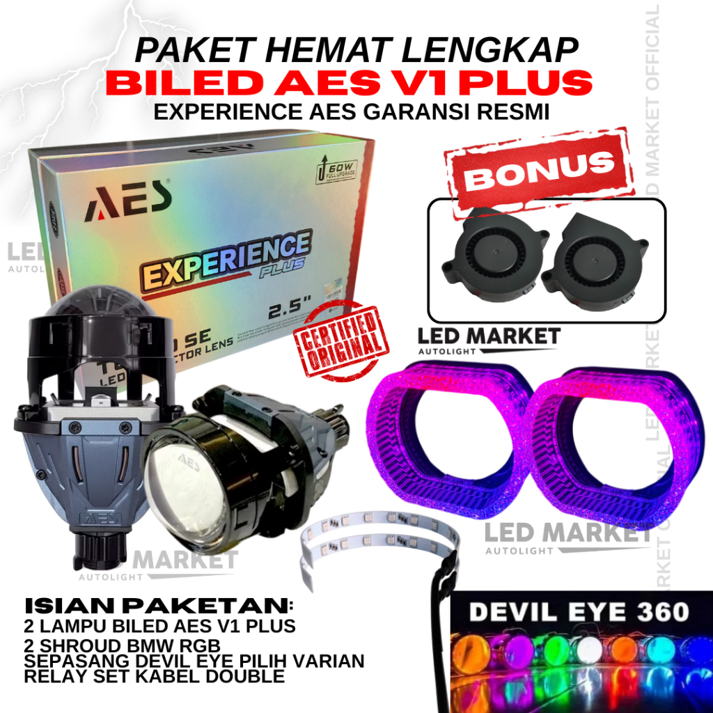 PAKET LENGKAP Lampu Biled AES Turbo SE Experience 60W V1 PLUS AES Versi 1 PLUS TERBARU 2.5 INCH ORIG