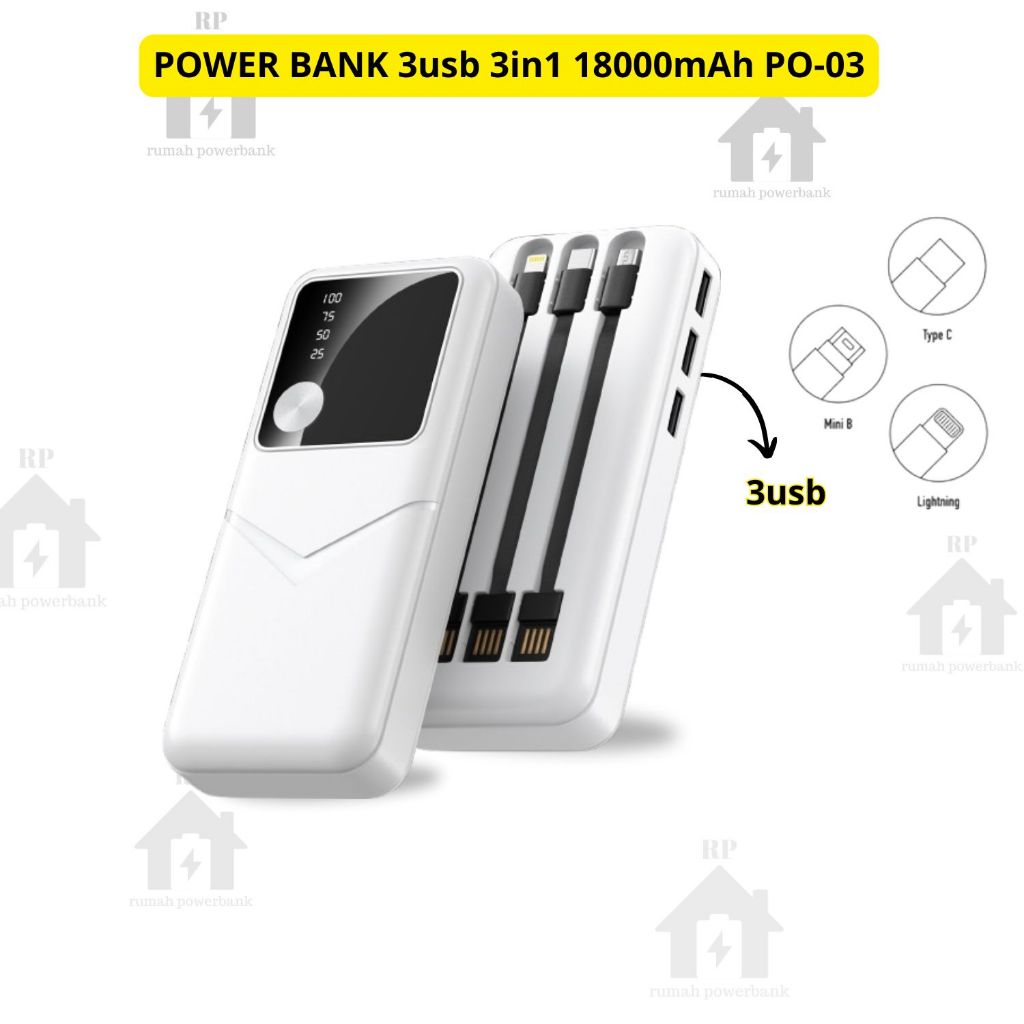 POWERBANK 3usb 3in1 18000mAh PO-03 free kabel + Pack/ Power Bank portable 3in1 3usb