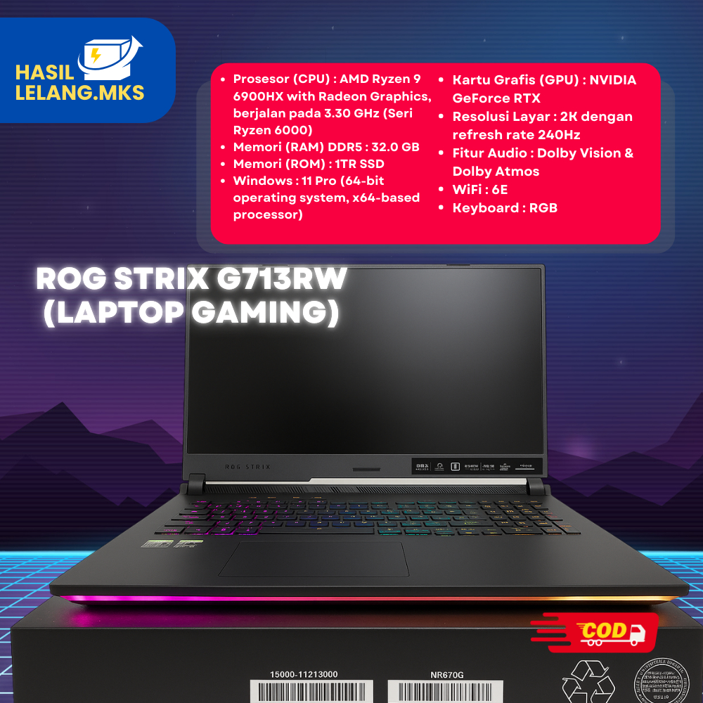 ASUS ROG Strix G713RW Ryzen 9 6900HX RTX 3070Ti 8GB 32GB RAM 1TB SSD 2K 240Hz – Laptop Gaming ROG