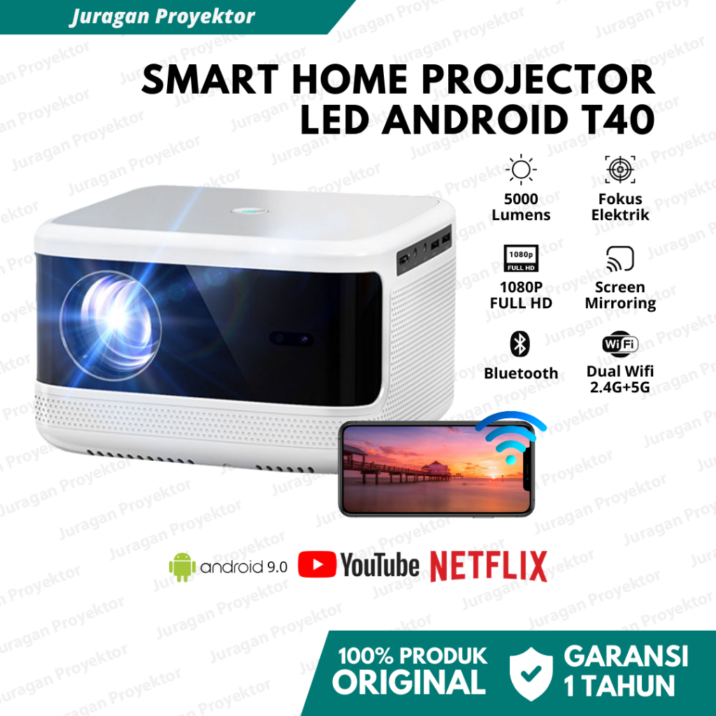 Proyektor T40 Android Wifi 5000 Lumens | Smart Proyektor Wifi Bluetooth | Proyektor 1080P Full HD | 