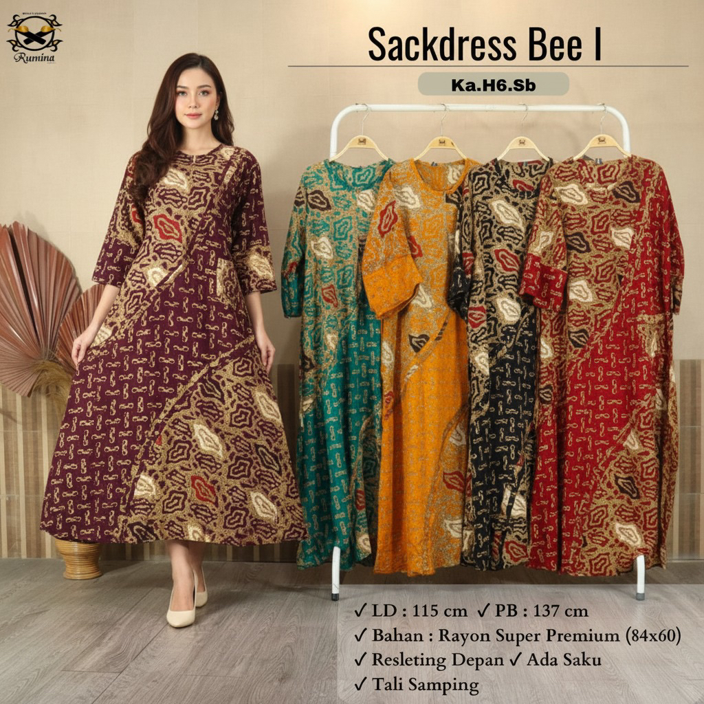 RM (LD 115 PB 137) READY STOK Sackdress BEE I RUMINA BATIK rempel wiru lengan 7/8 Bisa Busui Dengan 