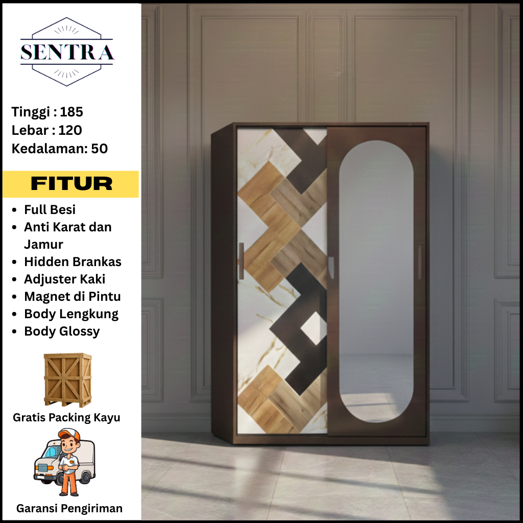 KARSINDO. Lemari Pakaian 2 Pintu Besi Sliding Cermin | Lemari Baju Sleding Besi