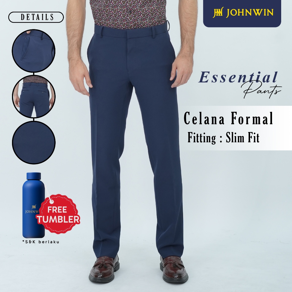 Johnwin - Celana Bahan Formal - Slim Fit - Polyester - Biru Navy - Essential Pants - F.1032.010.127.