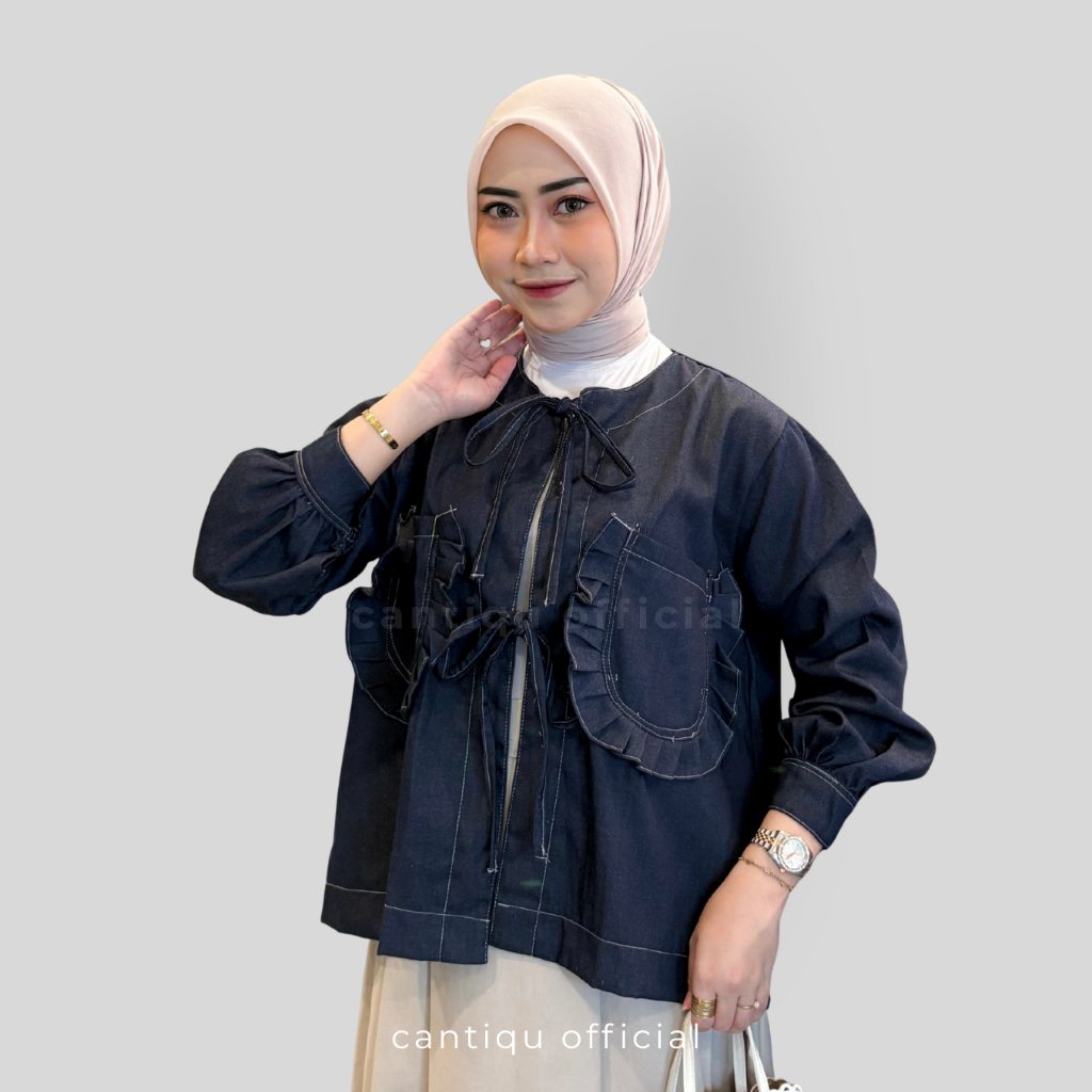 Cantiqu - Cardigan Jeans Wanita Belina Atasan Outer Denim Tali Lengan Panjang
