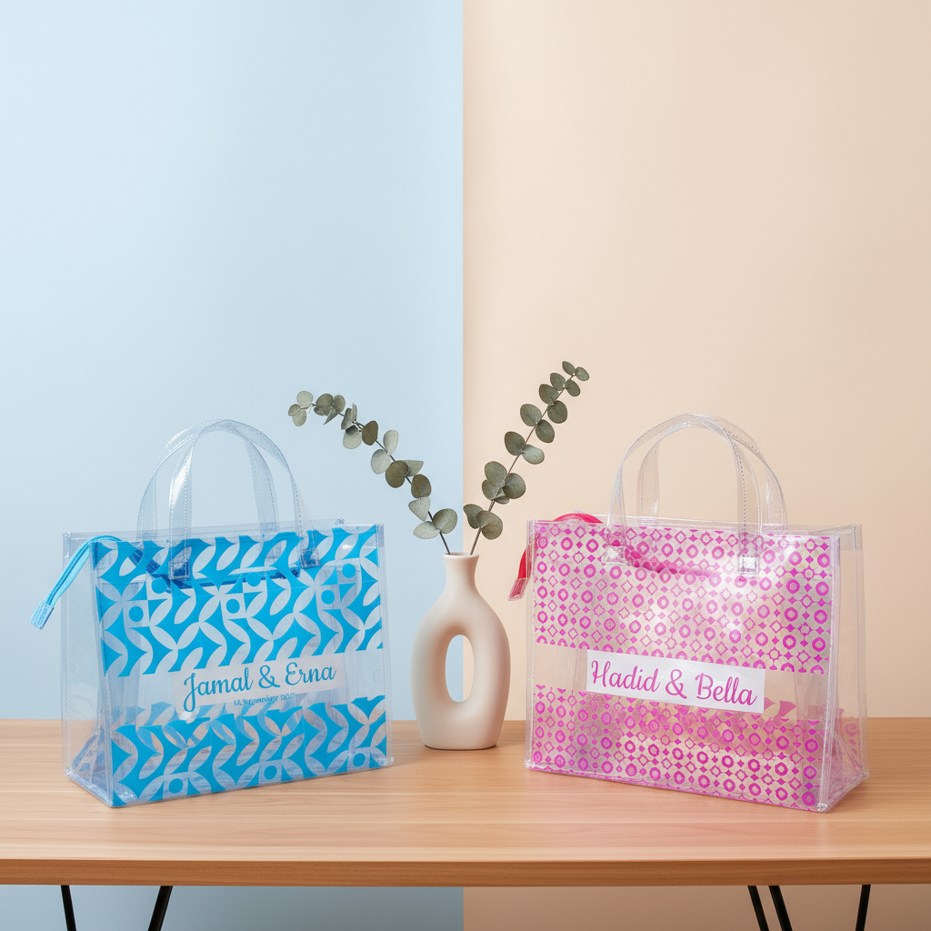 Souvenir Tas Mika Transparan Custom Cantik Free Personal Nama Wedding