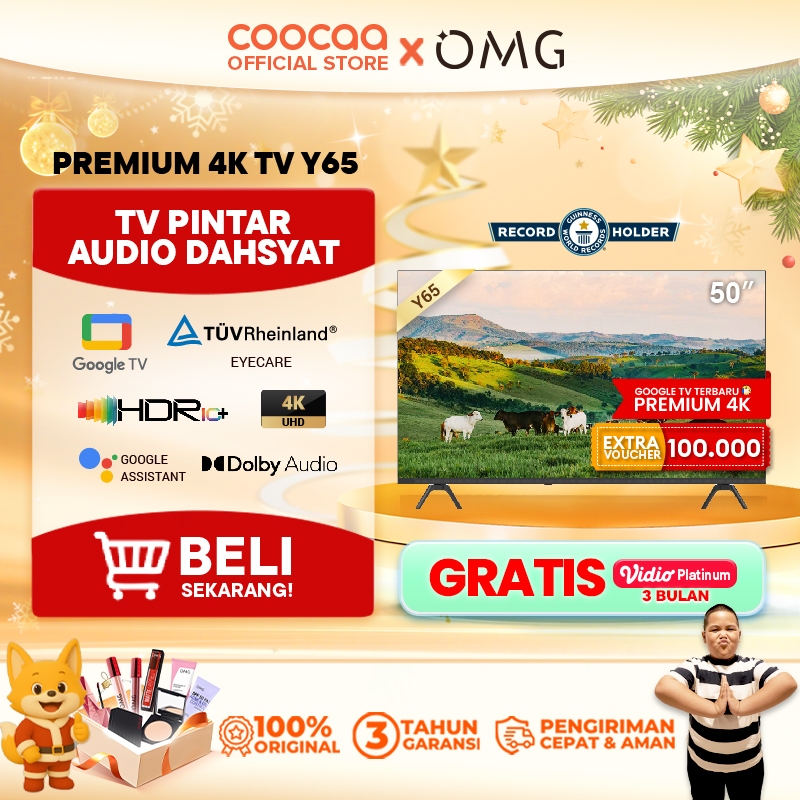 NEW COOCAA TV 50 inch Y65 - 4K GOOGLE TV  - Dolby Audio - Eye Care - HDR10 - Find Remote - (COOCAA 5