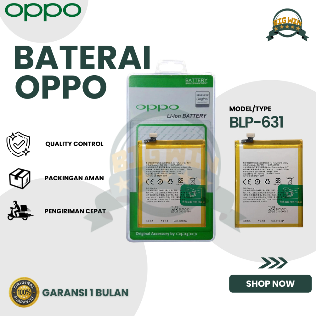BATERAI BATTERY OPPO BLP631 F3 / F5 / F5 YOUTH / A73 / A77  DOUBLE [IC POWER] ORIGINAL