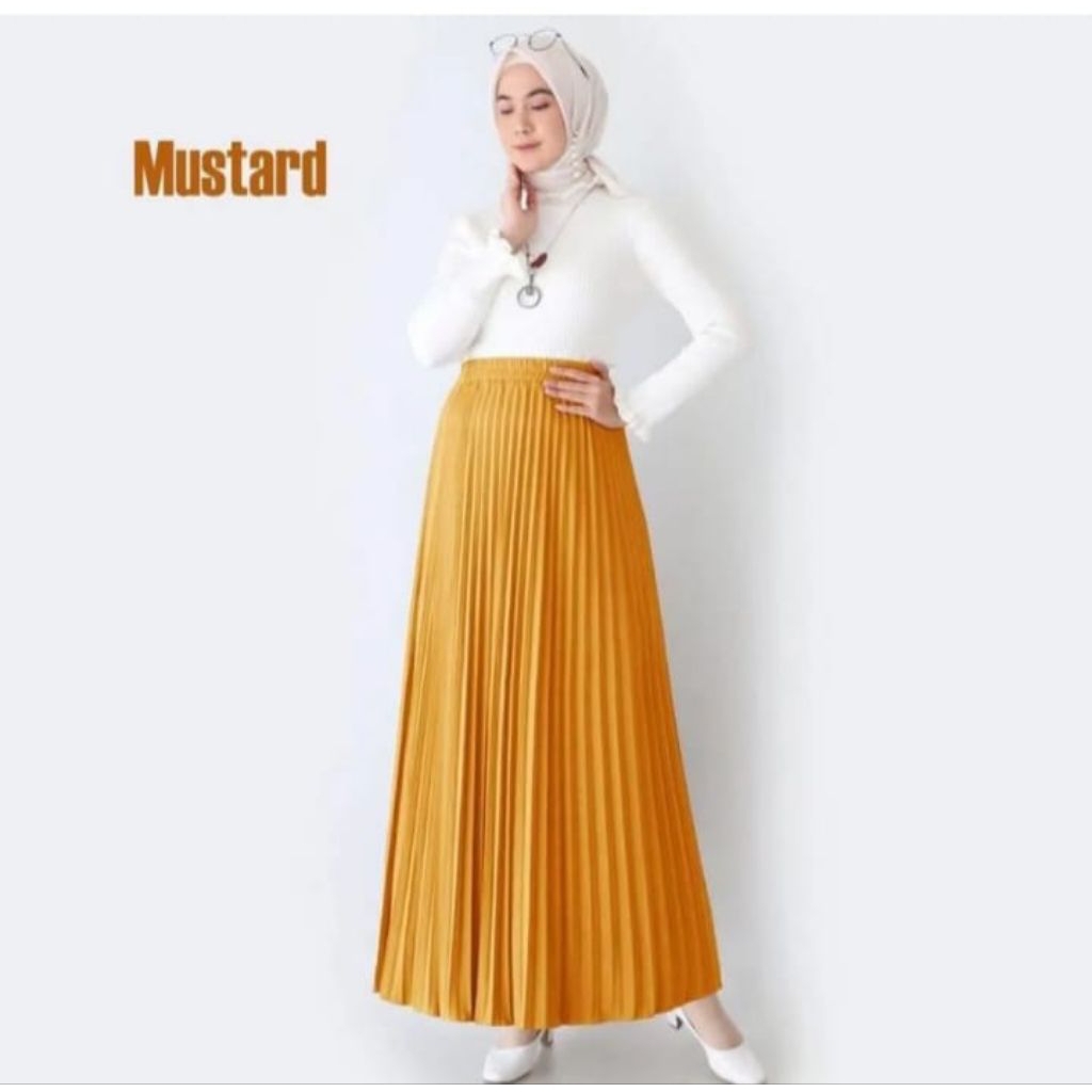 Rok Plisket Plisir Lipit Pleats Mayung Payung Muslimah Premium Warna kuning mustard