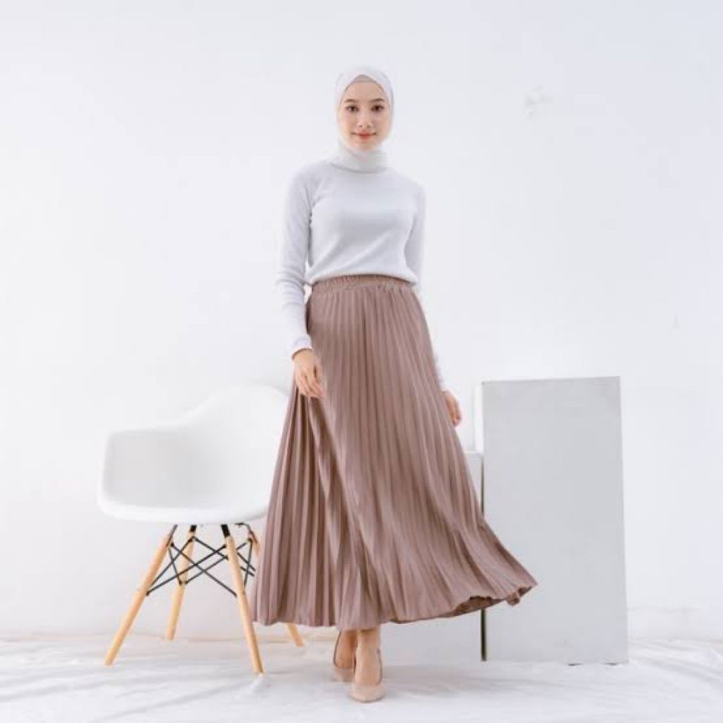 Rok Plisket Plisir Lipit Pleats Mayung Payung Muslimah Premium Warna Coklat Susu