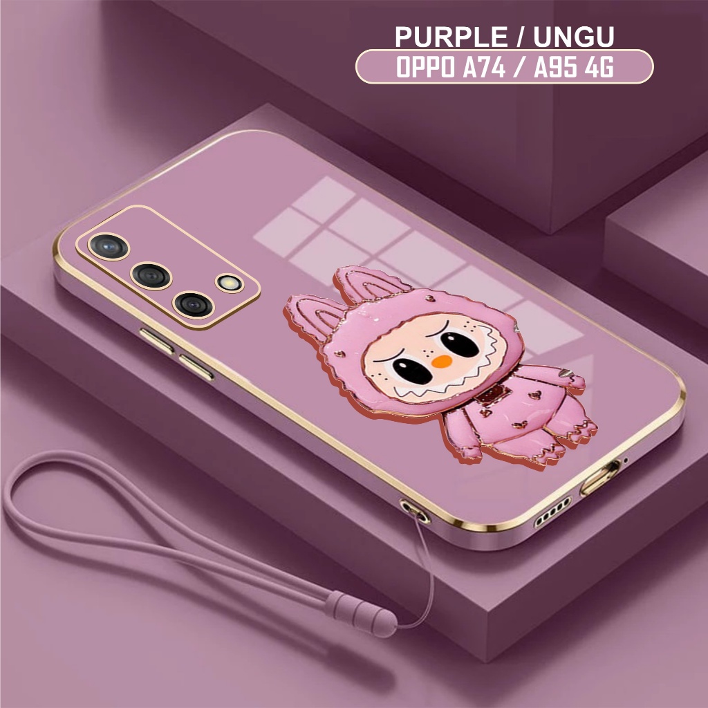 Soft Case Oppo A54 A74 A95 4G Casing Labubu Dudukan Miror Kaca Free Tali Lanyard Handphone