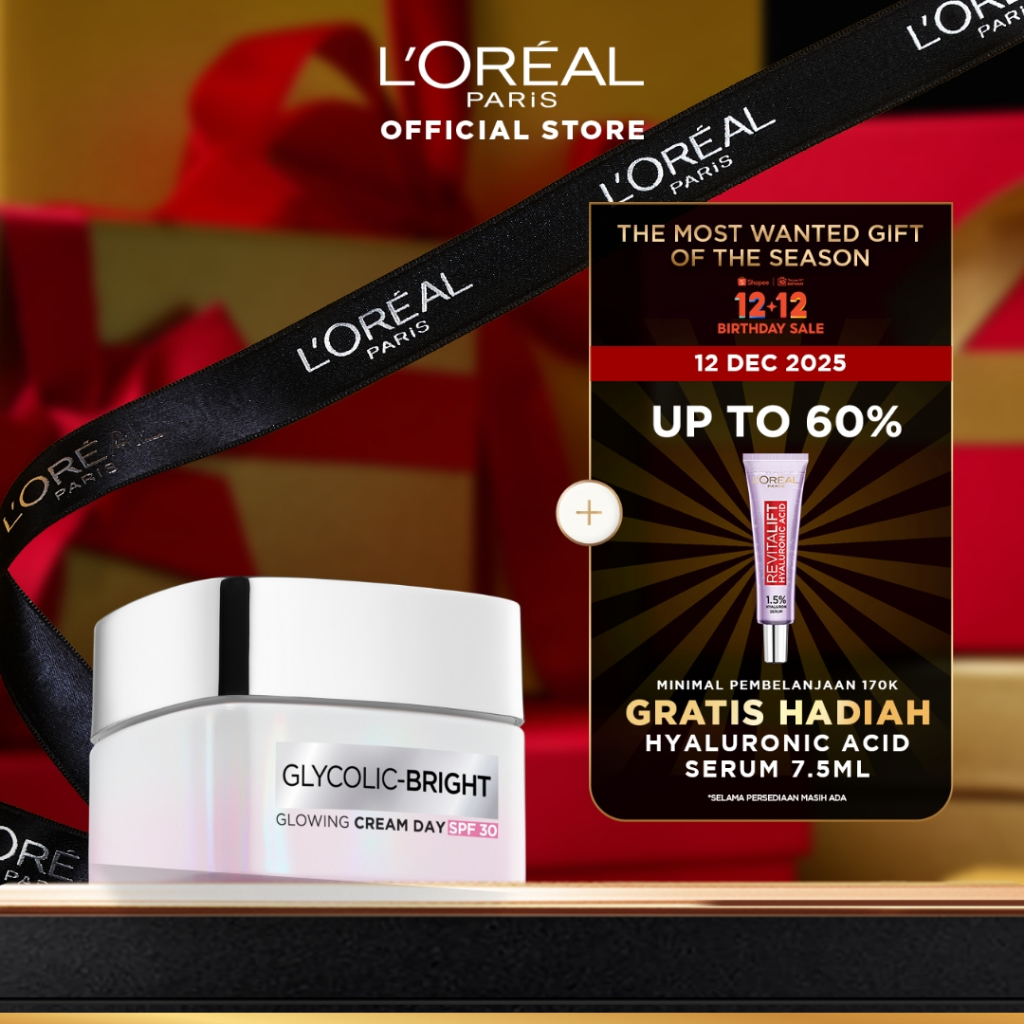 L'Oreal Paris Glycolic Bright Glowing Day Cream SPF 17/30 - 15/50ml (Krim Siang  Pelembab Loreal Gly