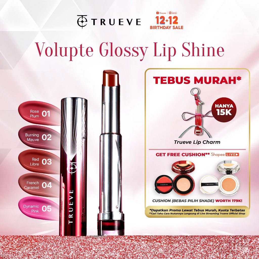 TRUEVE Volupte Glossy Lip Shine - 3in1 Innovative Hybrid Lip Shine 5 HD Colors Merawat Melembapkan L