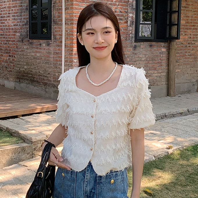 Moogu - Kemeja Korea Shirt Lengan Pendek Berdesain Rumbai Baju Wanita Blouse