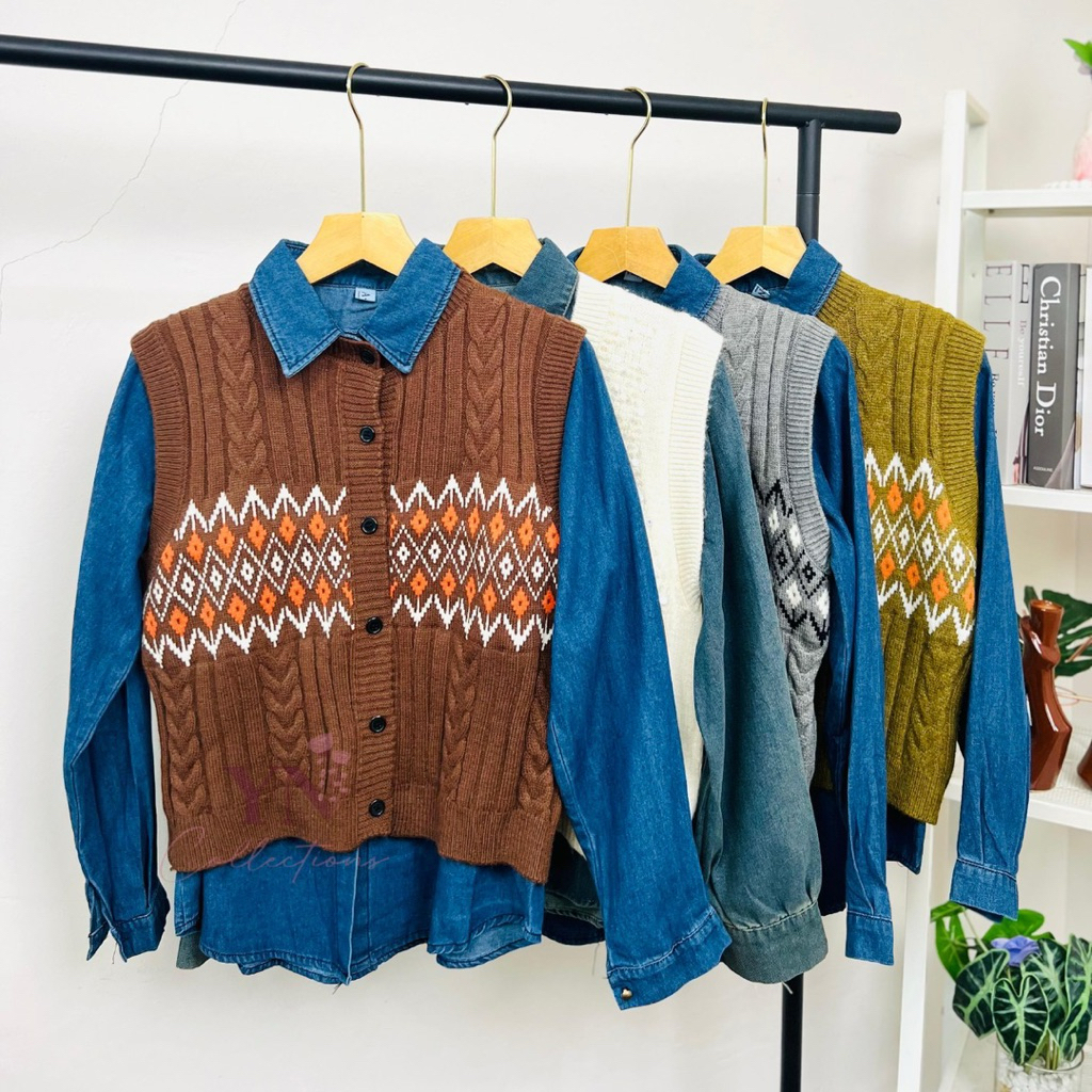 YN - Merry 2in1 Kemeja Denim Vest Rajut Wanita