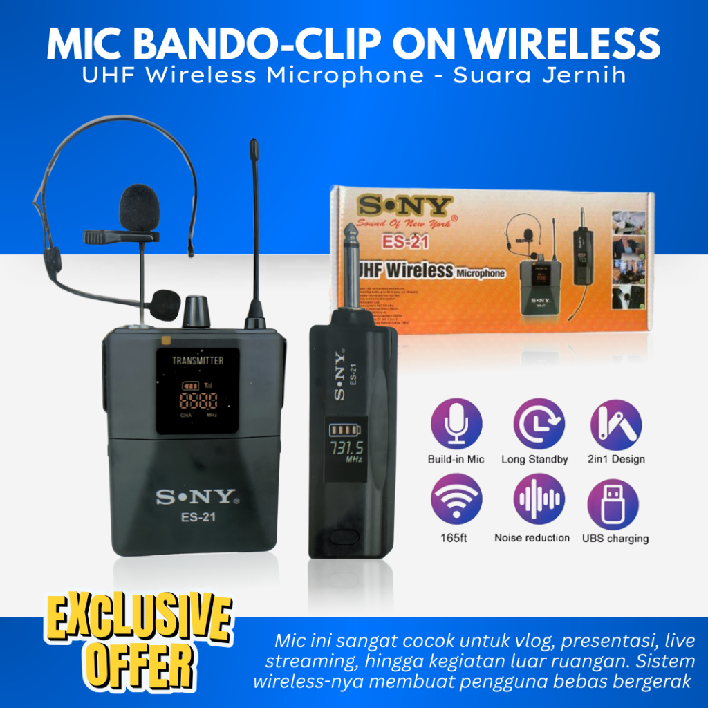 Microphone Wireless Clip On Bando ES-21 Wireless Microphone Mic Bando/Kancing Mikrofon Headset Wirel