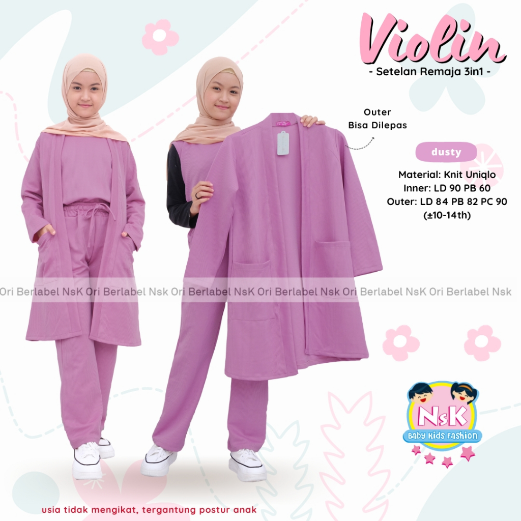 Setelan Remaja 3in1 Violin Original NsK Knit Uniqlo Premium Outer Cardigan Panjang Lepas Pasang Kore