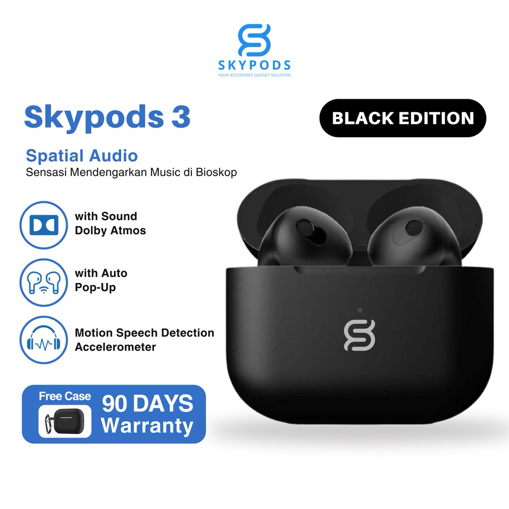 SkyPods TWS Gen 3 Black Edition Spatial Audio Dual Microphone Long Battery + Silicone Case
