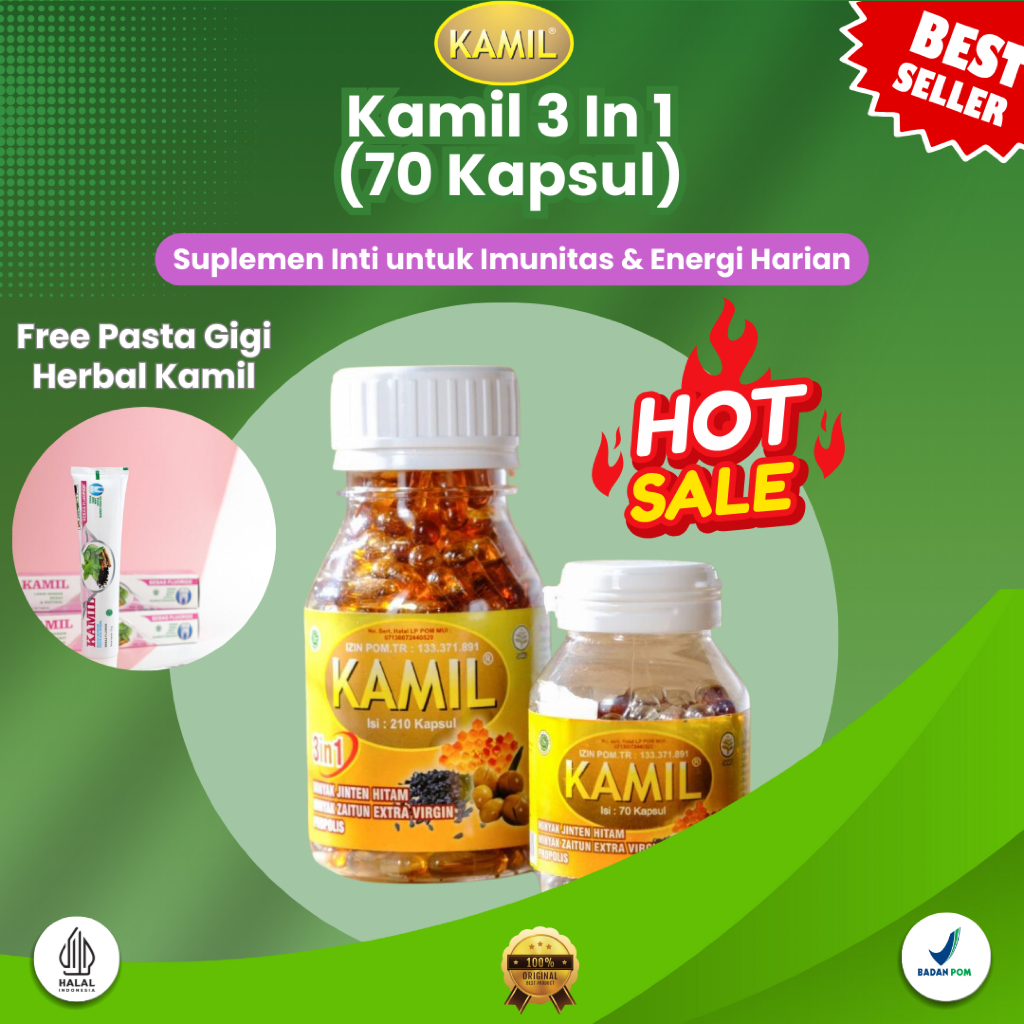 Kamil 3in1 Isi 210 dan 70 Kapsul Habbatussauda, Propolis, Minyak Zaitun Jantung, Kolesterol, & Imun 