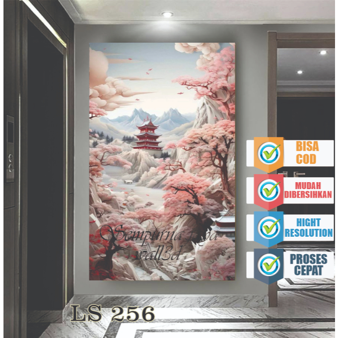 HIASAN STIKER VYNIL BERPEREKAT TEMA BUNGA SAKURA 3D / WALLPAPER DINDING RUANG TAMU BUNGA SAKURA 3D