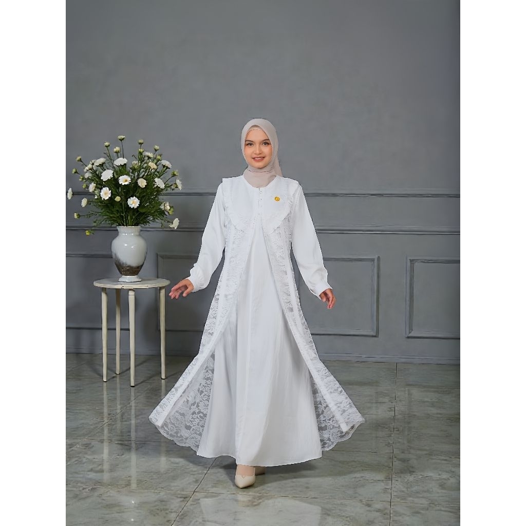 Naura Dress Gamis Polo Linen Premium Kombinasi Brokat Premium
