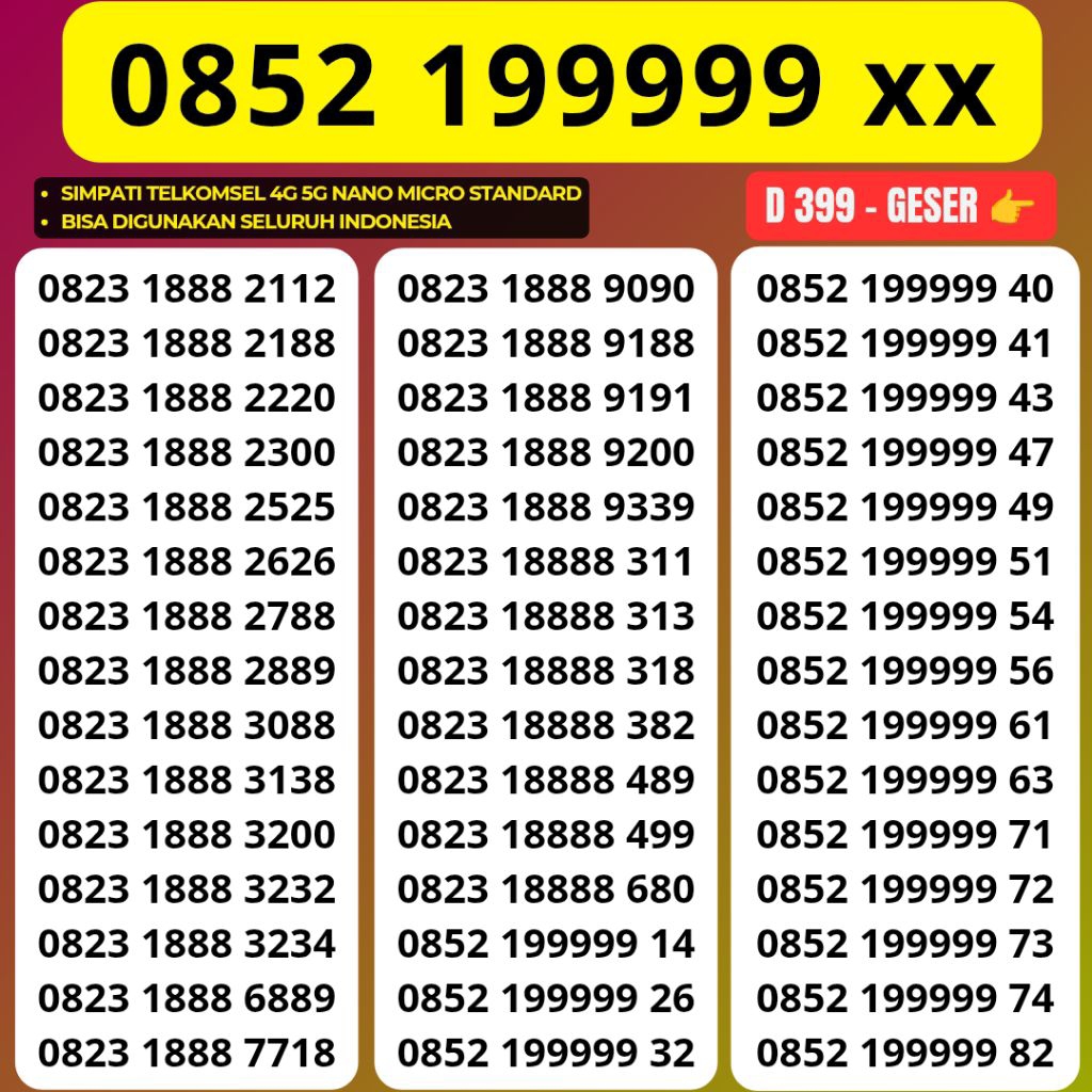 Nomor Cantik Telkomsel Panca Super AS Loop 199999 Kartu Perdana Telkomsel Tsel Red Telkomsel 5g Telk
