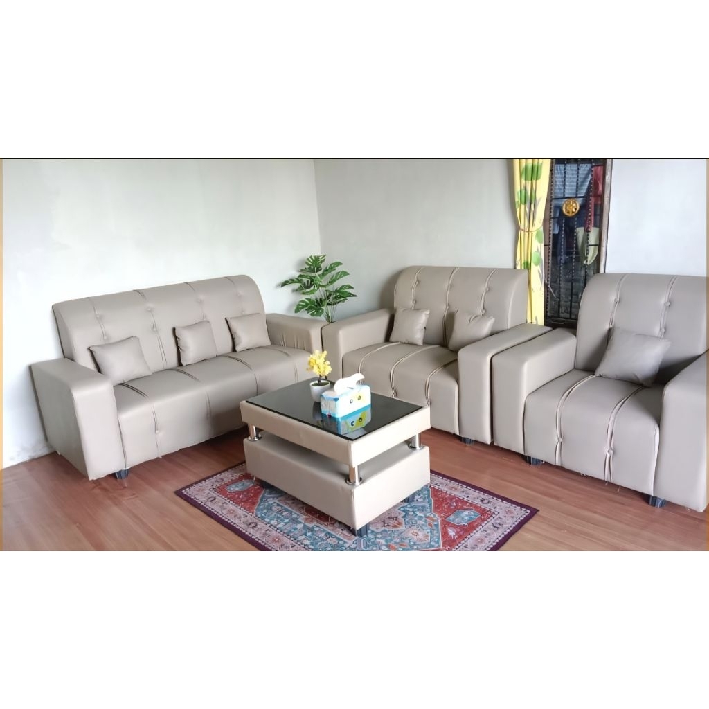Sofa minimalis 321 bahan kulit warna cream