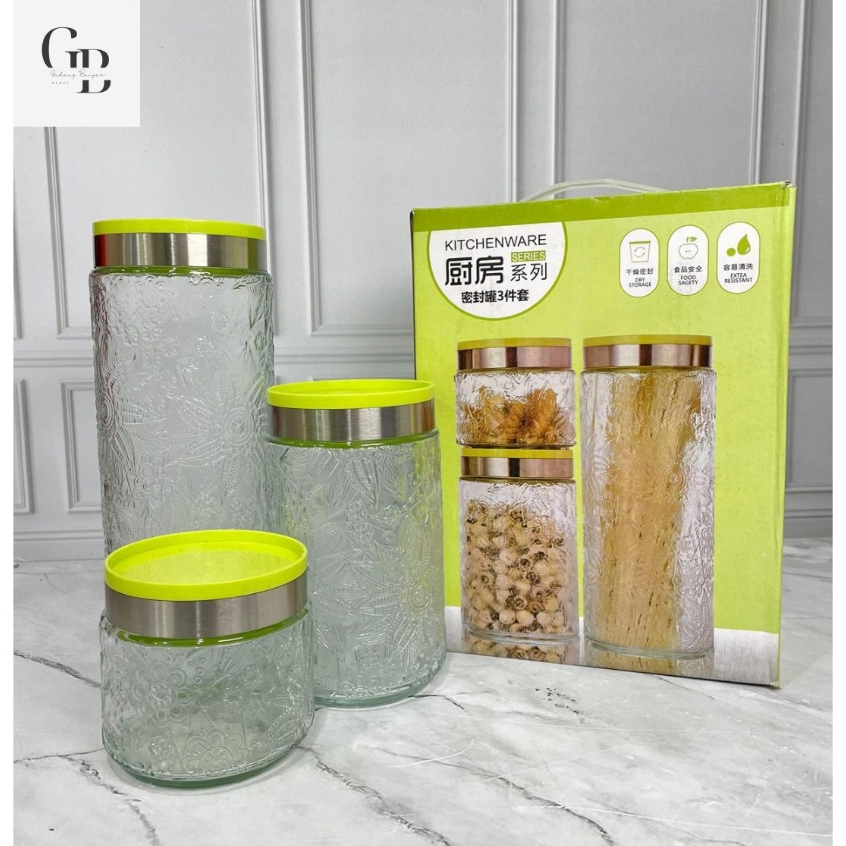 Toples kaca cantik set isi 3 NB / toples lebaran / toples kue kaca tebal / NB / ROYAL