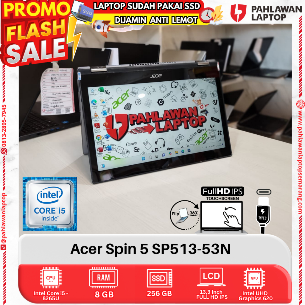 LAPTOP Acer Spin 5 SP513-53N CORE i5 GEN 8 RAM 8GB SSD 256GB FLIP TOUCHSCREEN