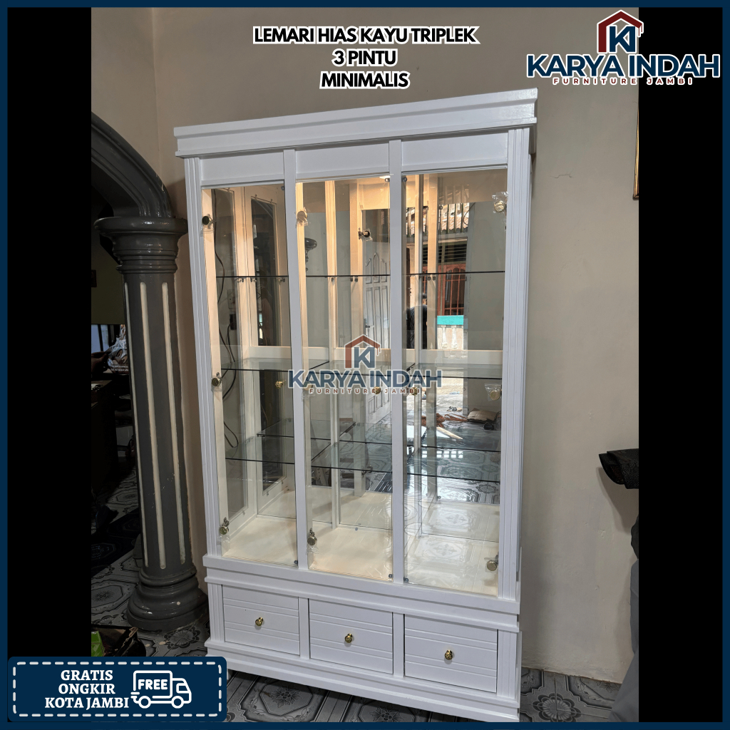 Lemari Hias KRISTAL 3 Pintu MINIMALIS KAYU TRIPLEK BUFET KACA LACI LAMPU Minimalis