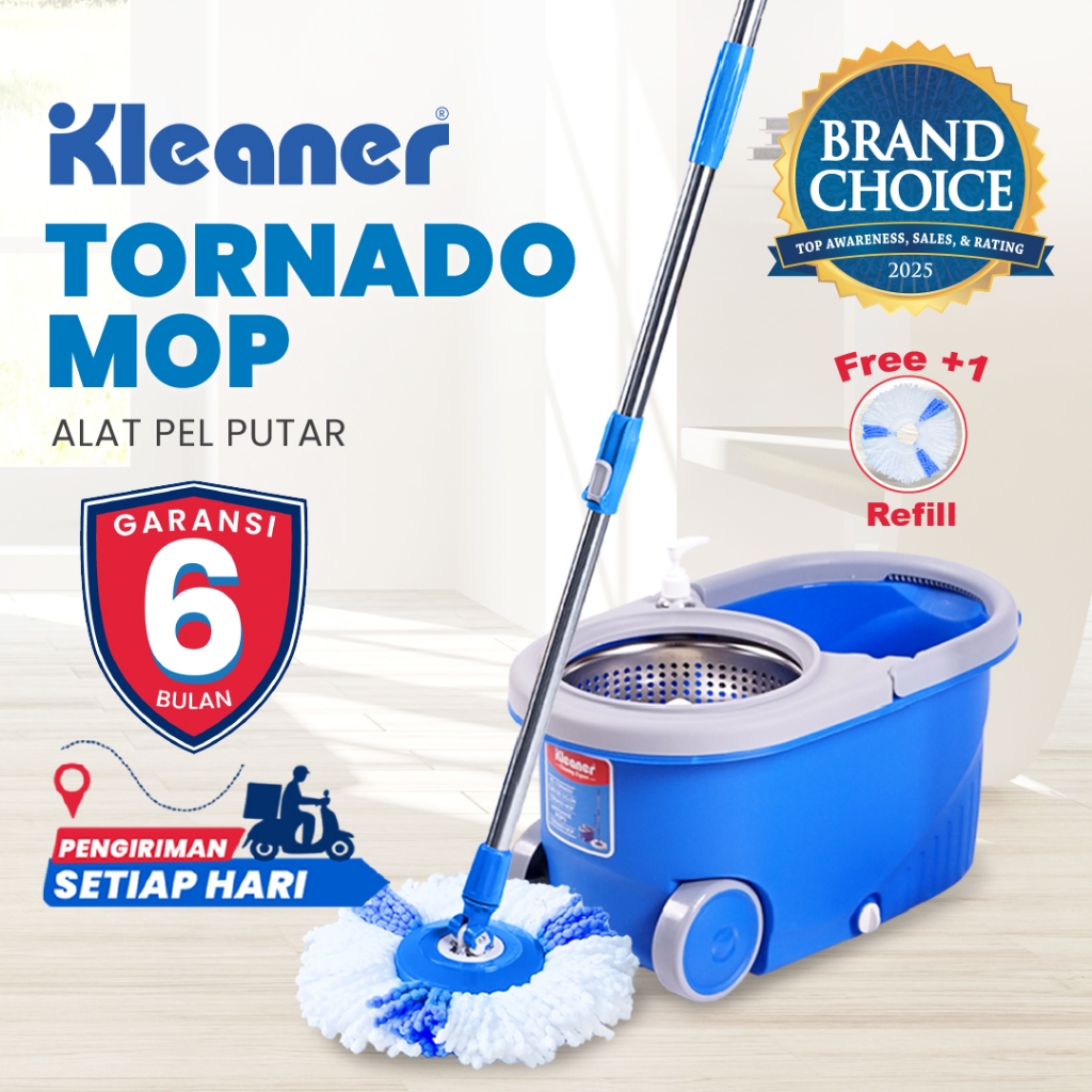 Kleaner Alat Pel Tornado Mop 1 Set Pel Putar Spin Mop Pembersih Lantai Dengan Ember Free 1 Refill