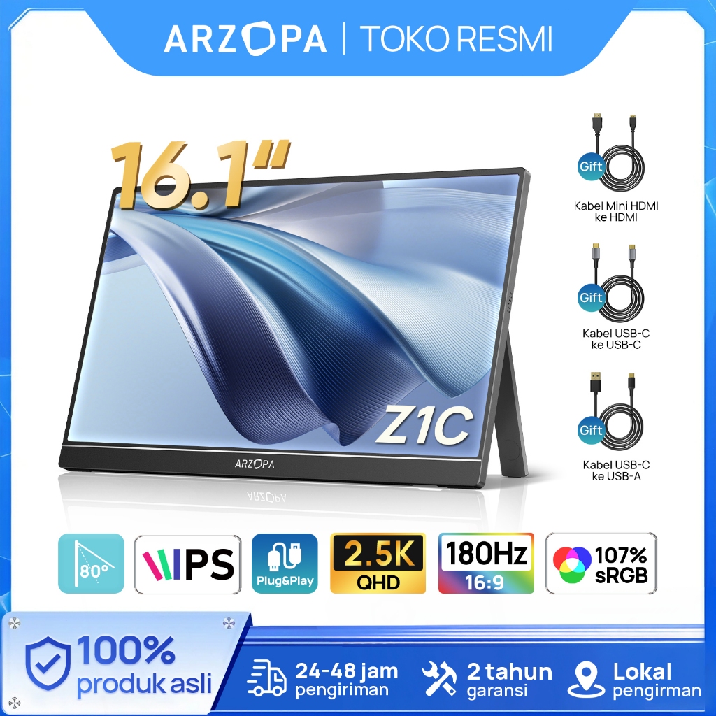 (Official Store) ARZOPA Z1C - Monitor Gaming Portabel 16.1" 100% sRGB dengan Kickstand, Layar IPS US