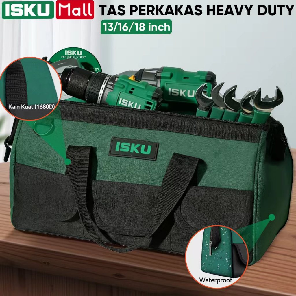 ISKU Tas Perkakas 13 16 18 Inch Tool Bag Waterproof Kain Oxford Tebal Tas Bor & Kunci Bengkel Heavy 