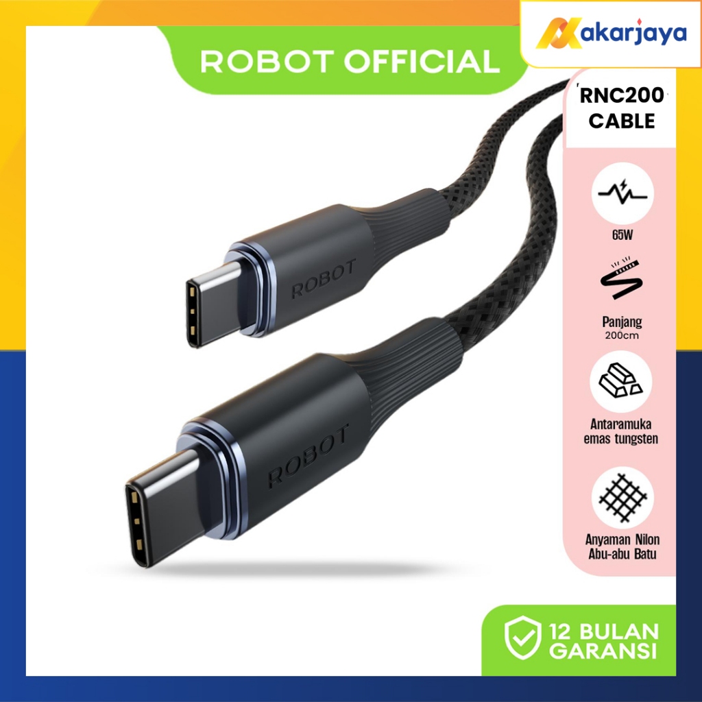 Robot RNCC200 Cable Data Type C to C Braided Kabel Data Cable Fast Charging C ke C 200CM 65W