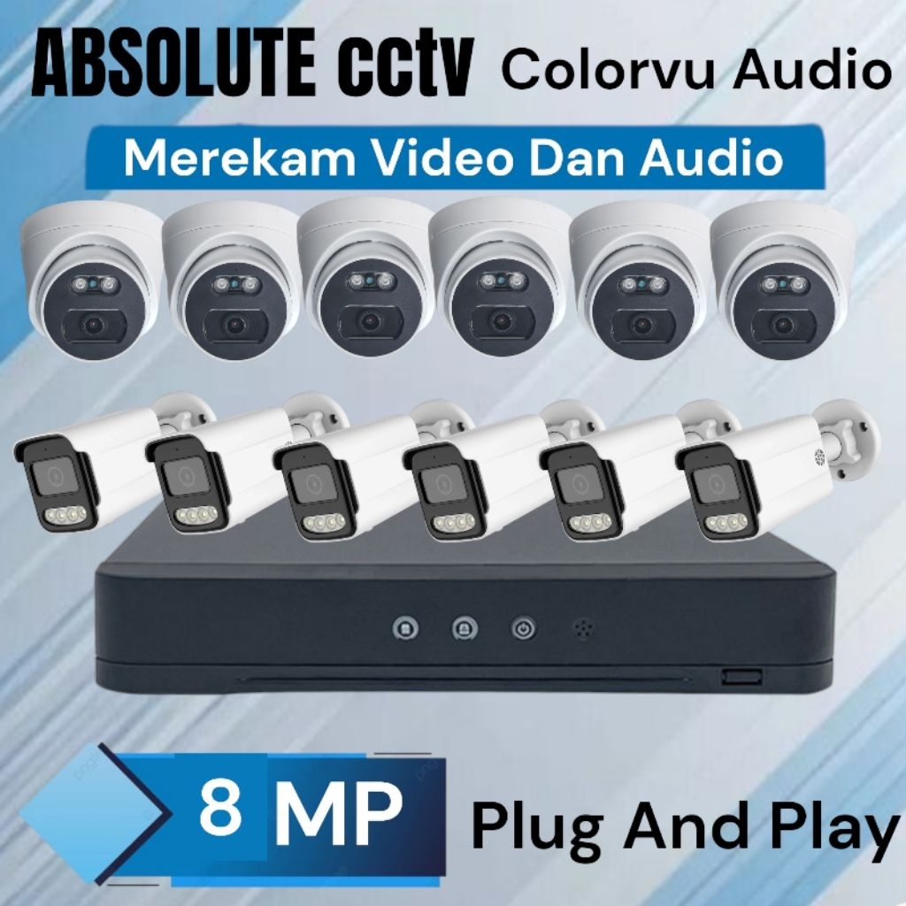 Paket Cctv 16ch 12 Camera 8mp 1080p Colorvu Audio Malam tetap Warna dan Rekam Suara
