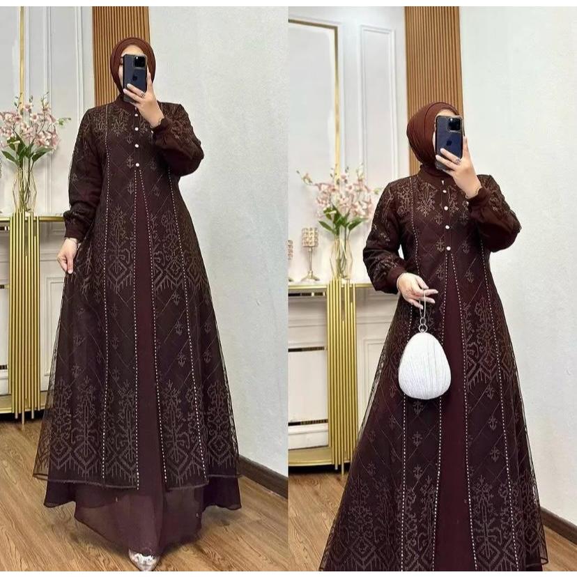Gamis Lebaran 2026 Dewasa Jumbo  Terbaru Denara Dres Ceruty Babydoll Mix Brukat Aplikasi Swarovski M