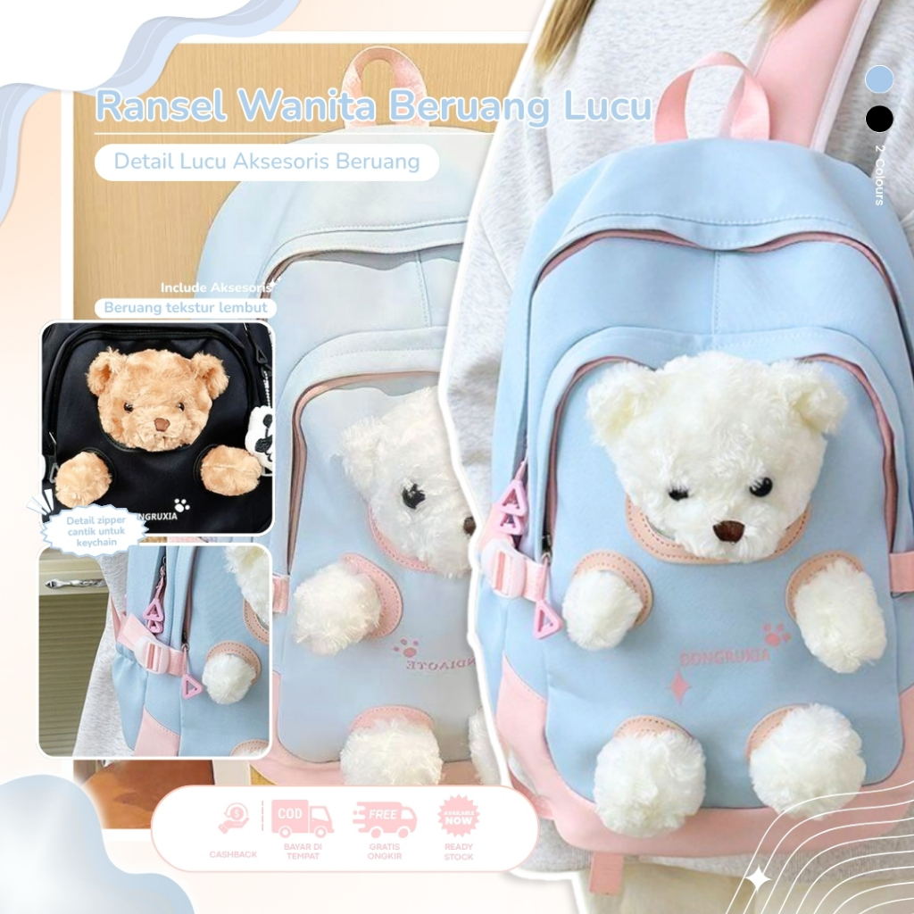 Tas sekolah beruang mewah kartun lucu ransel sekolah SMP boneka perempuan ransel pelajar kapasitas b