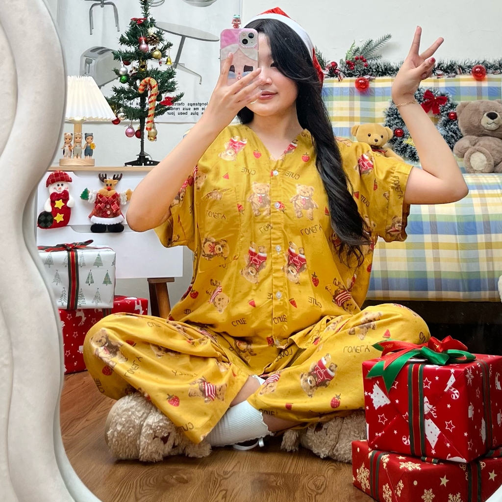 Sapasara - Piyama Jumbo Bali LD 120 Setelan Baju Tidur Wanita Kancing Depan Lengan Pendek Celana Pan