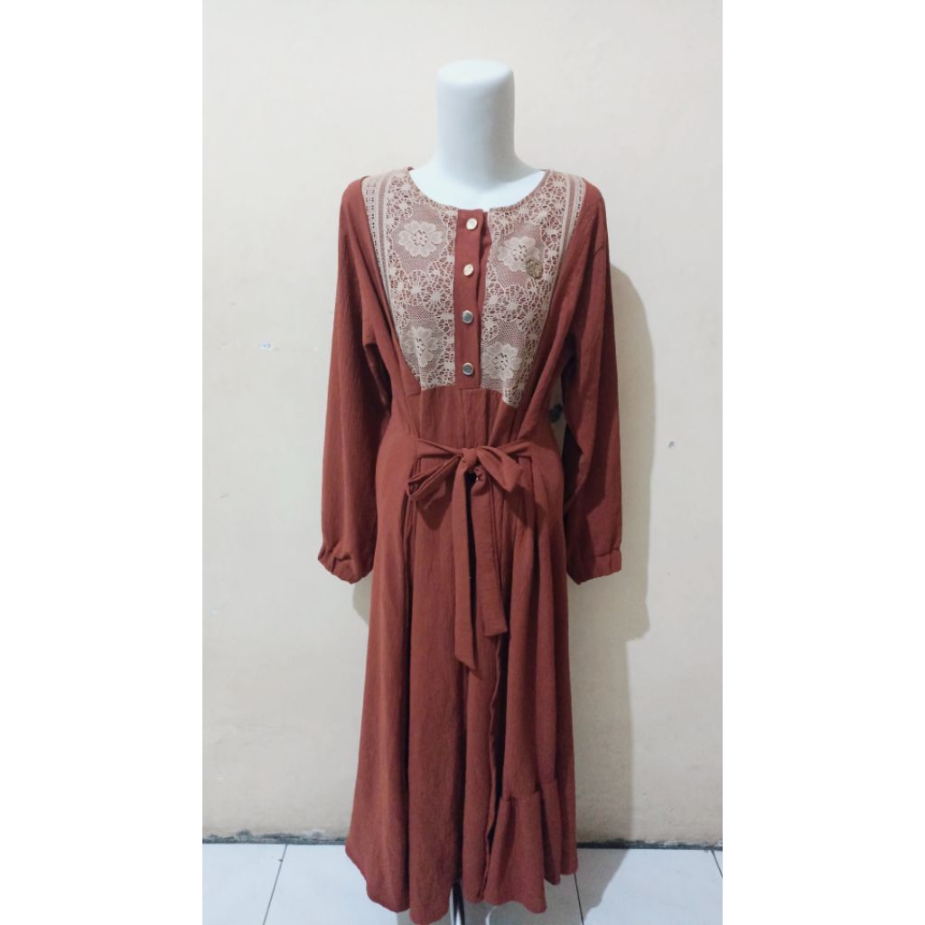 Gamis Long Dress Kondangan Lebaran Idul Fitri Tunangan Engagement Pengajian Warna Oranye Bata Terako