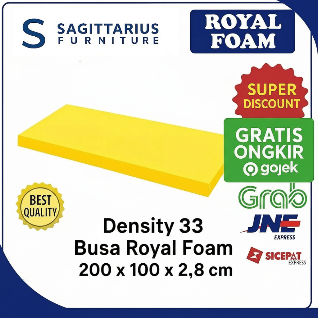 Busa Lembaran Royal Foam D33 (Density 33) Kuning 200x100x2,7 cm – Padat, Lentur, Busa Premium Serbag